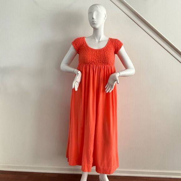 Free People All Eyes On You Smocked Midi Vibrant Orange Dress L - Picture 9 of 10